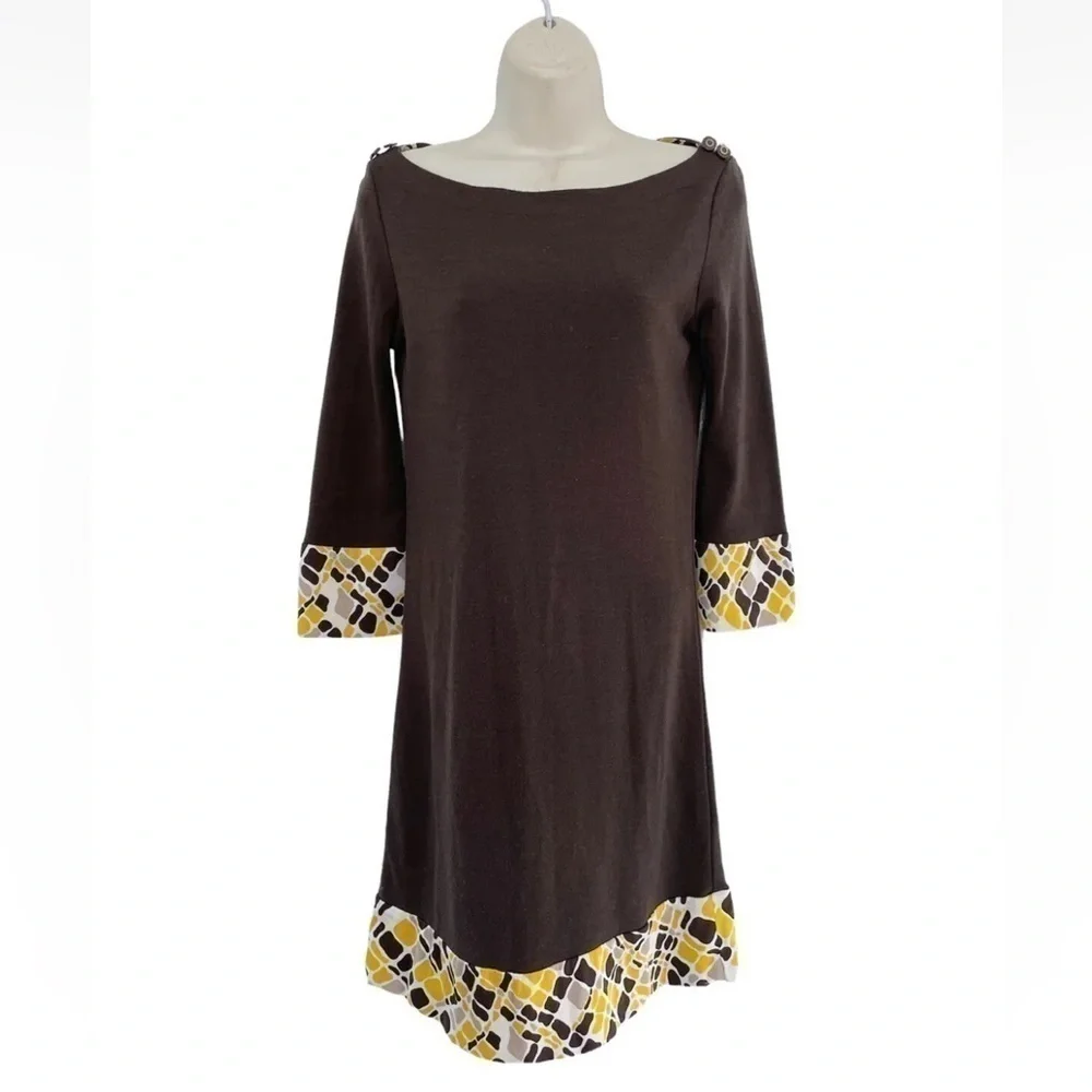TORY BURCH Brown Wool Sheath Dress Yellow Tan Silk Mod Sleeves Hem Woman's Sz XS